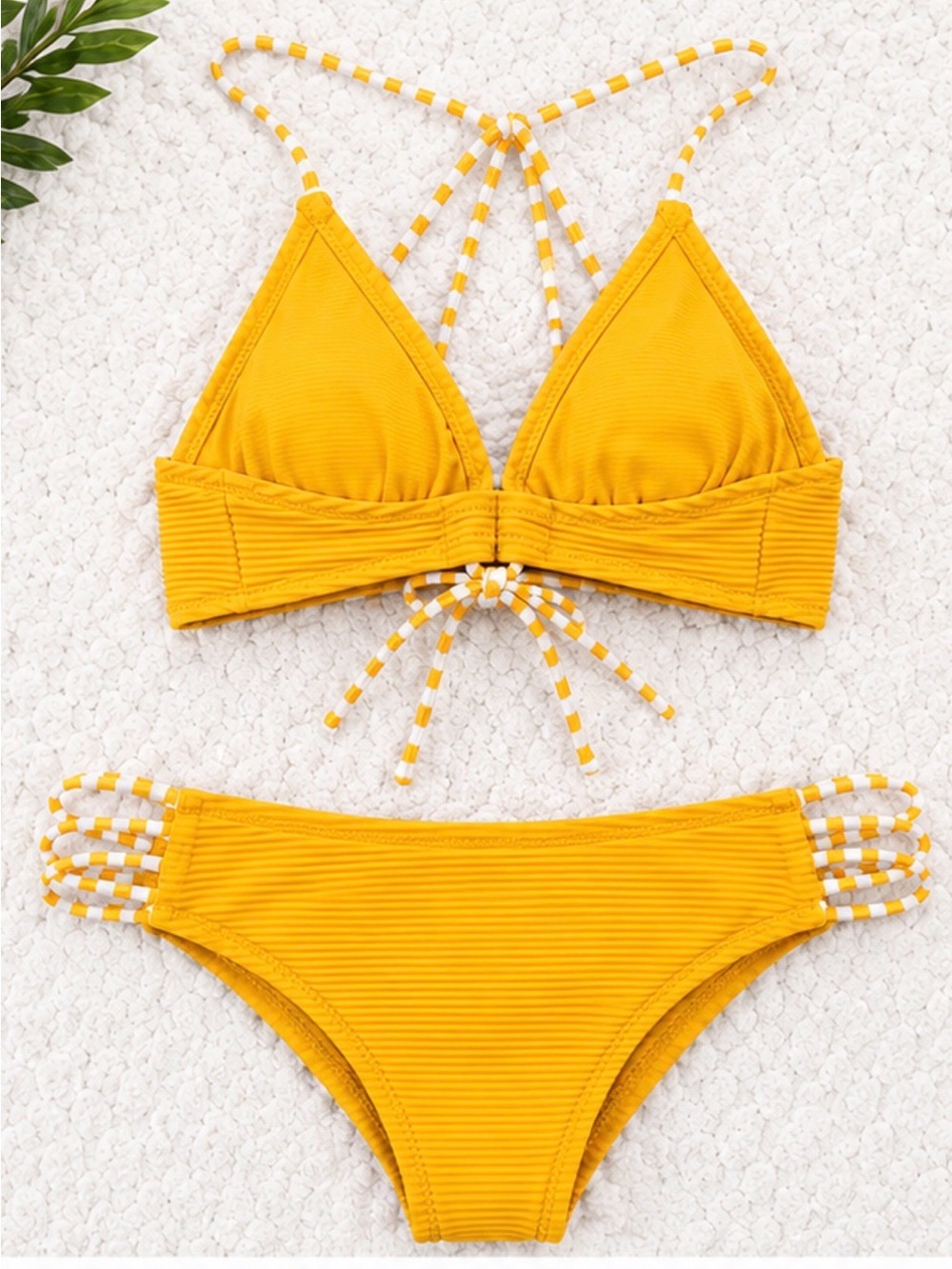 Cupshe Bright Yellow Ribbed Tie-Strap Bikini Set
